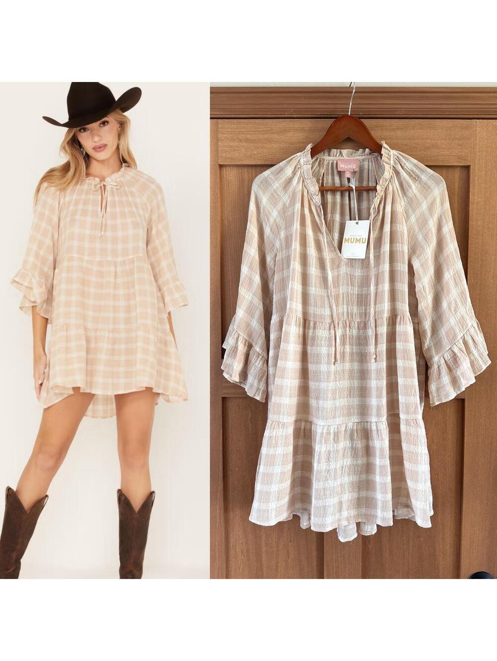 NWT Show Me Your MuMu Viola Plaid Bell Sleeve Mini Dress Beige/ Cream Women’s XS